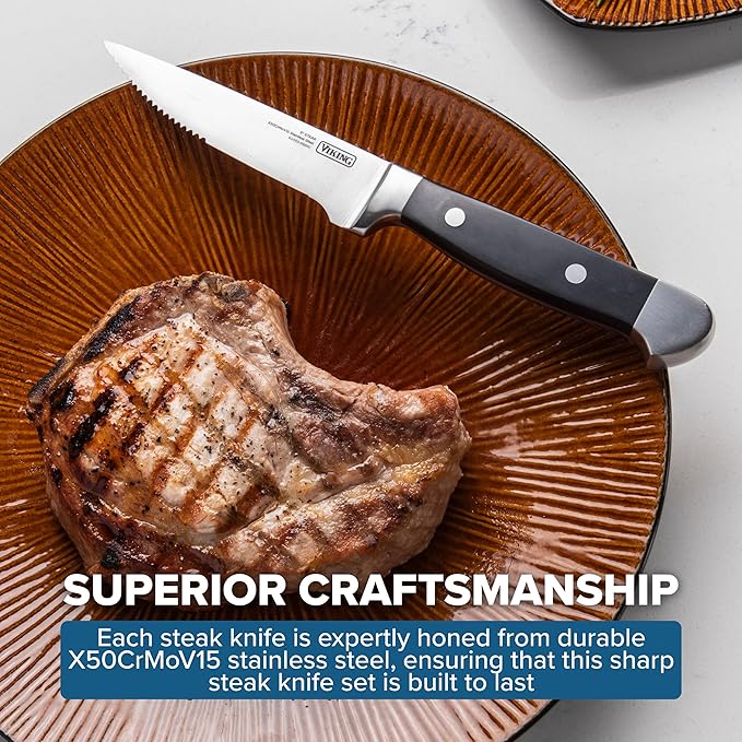 Viking Steak Knife Set, 8 Piece Stainless Steel Kitchen Knives Set with ABS Polymer Handles, Includes Wooden Gift Box, Hand Wash Only, Black