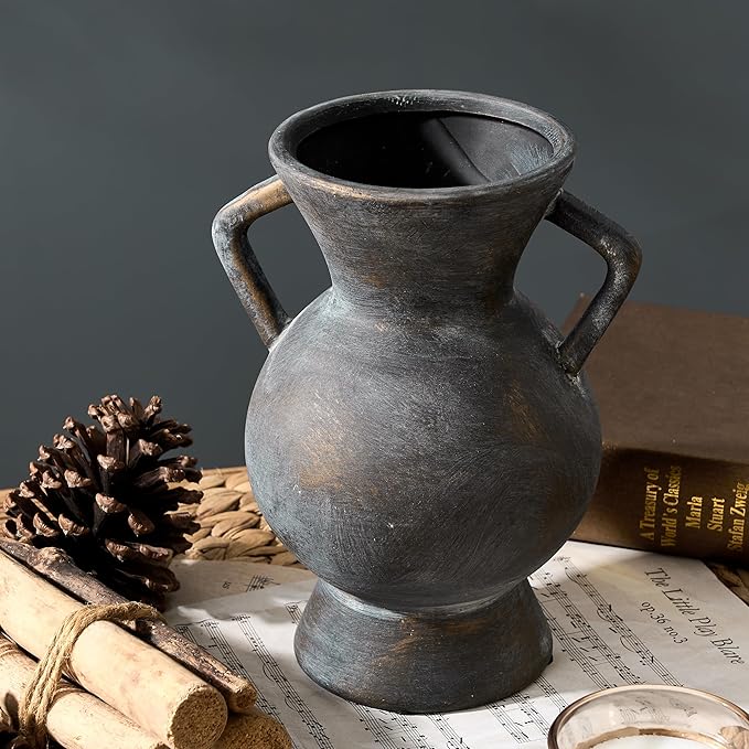 LUKA Antique Ceramic Vase with 2 Handle,9.25 inches Rustic Vase Minimalist Decor, Decorative Vases for Home Decor, Table, Living Room, Shelf, Christmas Decoration(Large,Black)