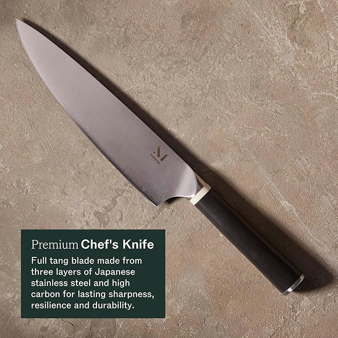 Material, The 8" Japanese Chef's Knife For Chopping & Cutting, Razor-Sharp Strong Blade, Carbon Stainless Steel, Almost Black