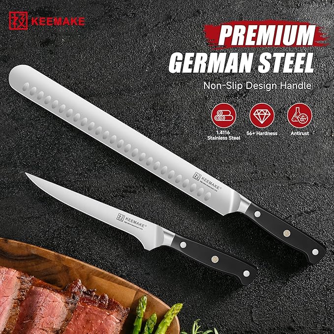 KEEMAKE BBQ Carving Knife Set, Brisket Knife and Boning Knife for Meat Cutting, High Carbon Stainless Steel Sharp Knives Set for Kitchen, Carving Knives for Roast Meat Ham Turkey