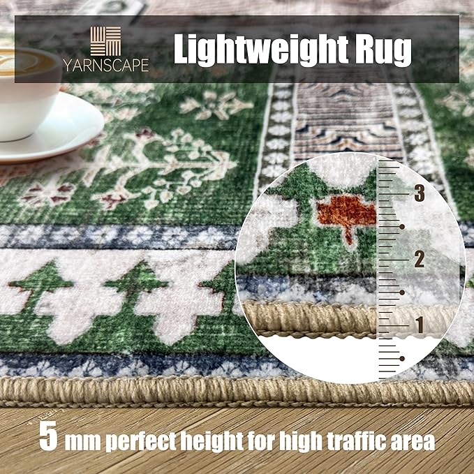 Vintage 6' x 9' Washable Area Rug - Stylish Indoor Rug for Living, Dining or Bedroom - Lightweight Carpet with Non-Slip Backing - Foldable for Easy Placement and Maintenance - Green