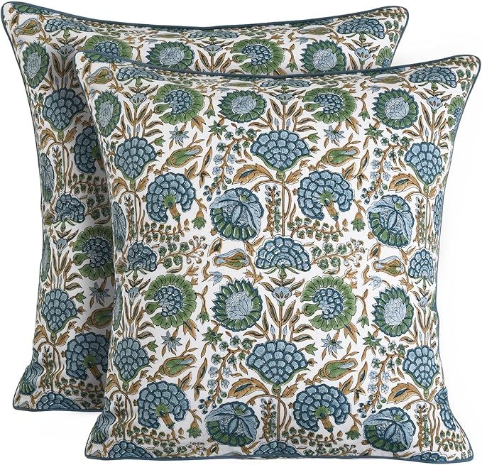 Ridhi Asparagus Green Print Cotton Throw Pillow Covers for Decorative Couch Pillows for Living Room, Chic Boho Cute Outdoor Thanksgiving Pillows Covers Gifts 20x20 Inches