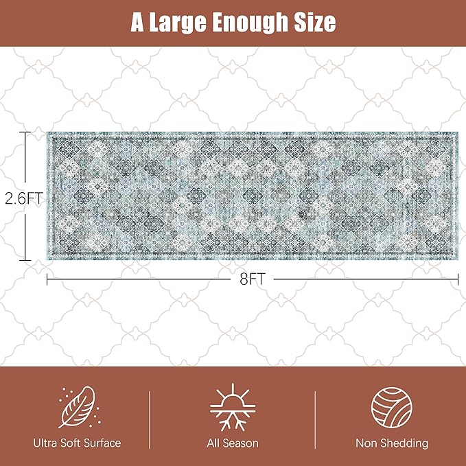 2'6'' x 8' Washable Area Rug - Low Pile Soft Vintage Indoor Rug for Living, Dining or Bedroom - Lightweight Carpet with Non-Slip Backing - Foldable for Easy Placement, Ocean Blue