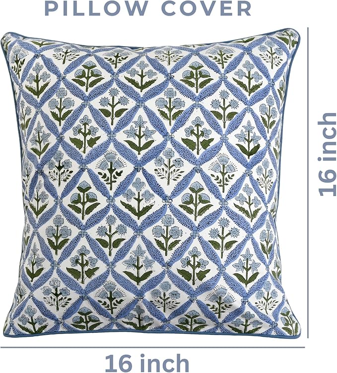 Ridhi Light Steel Blue Block Print Cotton Throw Pillow Covers for Decorative Couch Pillows for Living Room, Chic Boho Cute Outdoor Valentine Pillows Covers Gifts 16x16 Inches