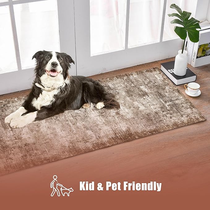 2'6'' x 8' Washable Area Rug - Low Pile Soft Vintage Indoor Rug for Living, Dining or Bedroom - Lightweight Carpet with Non-Slip Backing - Foldable for Easy Placement, Brown