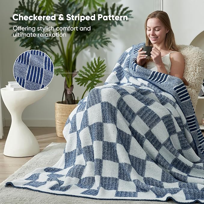 Snuggle Sac Navy Faux Fur Checkered Blanket Twin Size with Soft Knitted Microfiber Fabric,Fluffy Soft Warm Blanket for Sofa Bedroom,Cute Lightweight Striped Throws for Women,Heather Navy,60x80 inches