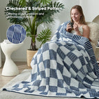 Snuggle Sac Navy Faux Fur Checkered Blanket Twin Size with Soft Knitted Microfiber Fabric,Fluffy Soft Warm Blanket for Sofa Bedroom,Cute Lightweight Striped Throws for Women,Heather Navy,60x80 inches