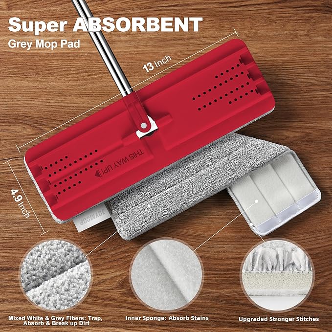 JOYMOOP Flat Mop, Microfiber Mops for Floor Cleaning and Wall Cleaner, 50" Mop with 13" Flat Head with a Microfiber Mop Pad - Black & Red