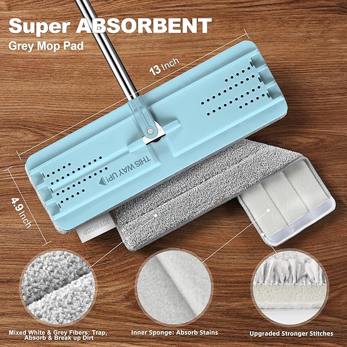 JOYMOOP Flat Mop, Microfiber Mops for Floor Cleaning and Wall Cleaner, 50" Mop with 13" Flat Head with a Microfiber Mop Pad - Pale Aqua