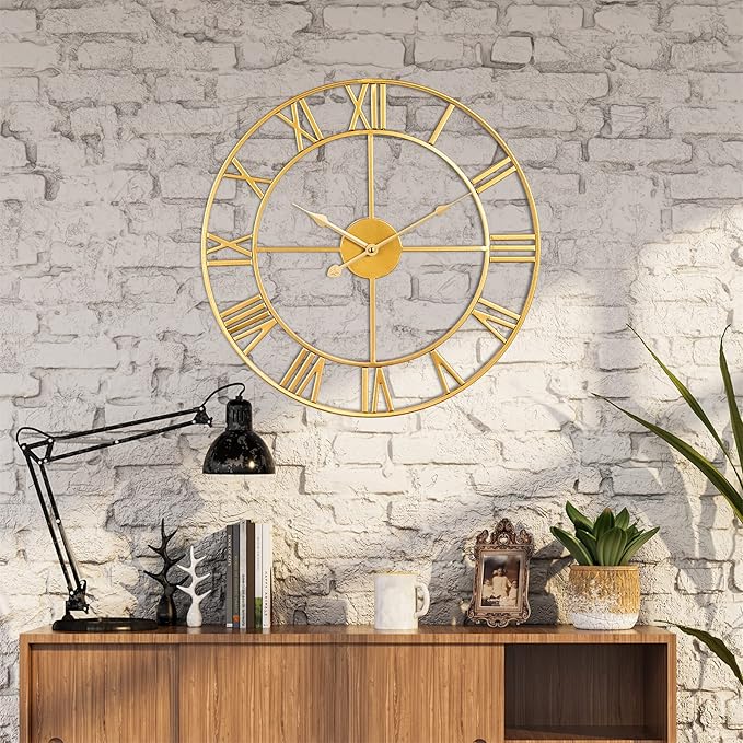Large Wall Clock, Metal Retro Roman Numeral Clock, Modern Round Wall Clocks Almost Silent, Easy to Read for Living Room/Home/Kitchen/Bedroom/Office/School Decor (Gold, 18.5 Inch)