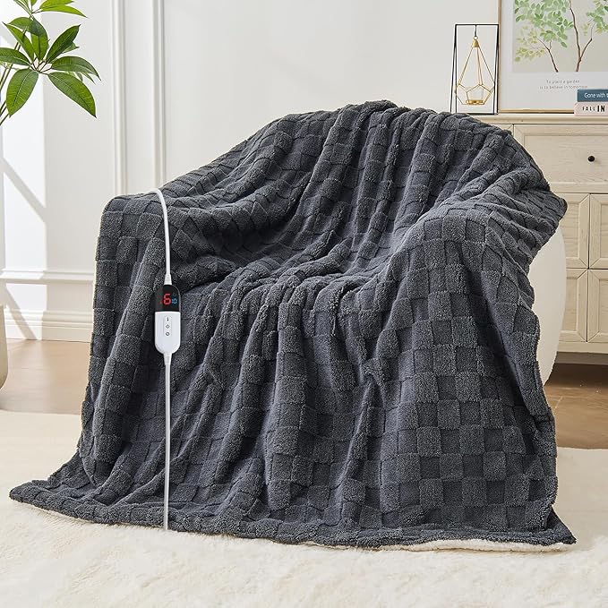 Electric Heated Blanket Full Size - Jacquard Checkered Sherpa 72"x84" Fast Heating Bed Blankets with 6 Heating Levels & 10 Hours Auto Off, Over-Heat Protection ETL, Dark Gray