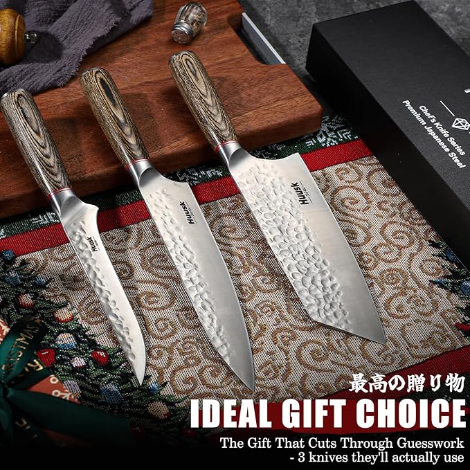 Huusk Japanese Kitchen Knife Set, 3-Piece Professional Chef Knives Set for Kitchen, Hand Forged Butcher Knife Set for Meat Cutting, Meat Cleaver Boning Knife with Pakkawood Handle, Gift for Men