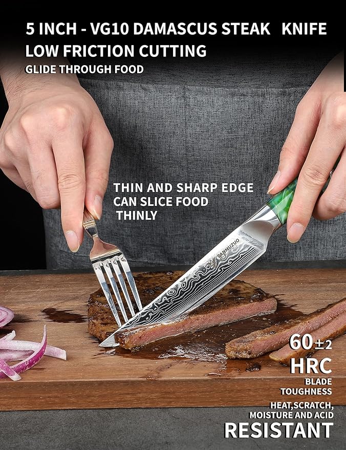 Steak Knives Set of 4, Ultra Sharp Non Serrated Kitchen Steak Knife 5 Inch - Damascus Steel & Resin Handle - Xuan Series(Jade Green)