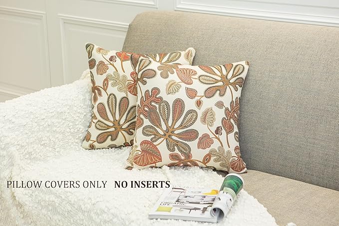 Mika Home Set of 2 Jacquard Tropical Leaf Pattern Throw Pillow Covers Decorative Pillowcase 22X22 Inches,Coral Cream