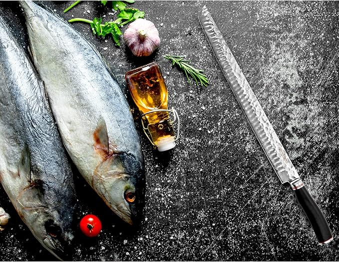 YOUSUNLONG Sakimaru Knife 15 inch(380mm) Ultimate Japanese Damascus Steel Fillet Knives Suitable for cutting tuna and salmon-Natural Ebony Handle With Leather Sheath