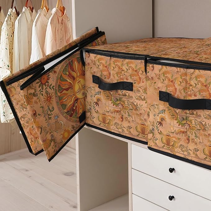 Stackable Clothes Storage Bins with Lids,Closet Organizers Fabric Box for Home and Office,Blanket Clothes Organizers,Under Bed Storage Containers 3 Pack(Sun).