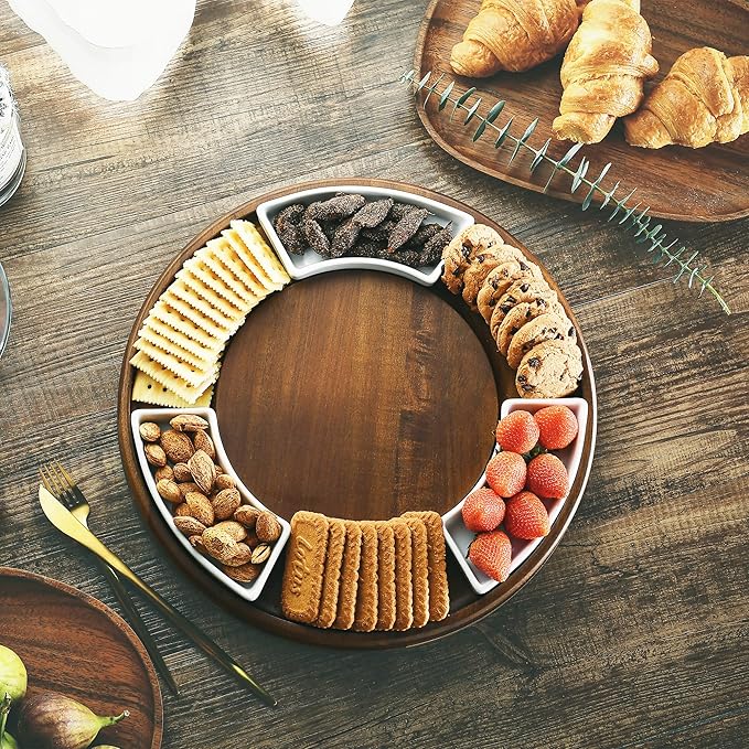 Shanik Acacia Wood Lazy Susan Cheese Board Set – Rotating Charcuterie Platter, Elegant Serving Tray for Appetizers, Snacks, Parties & Weddings