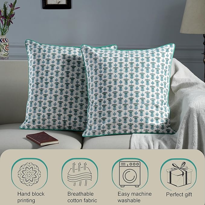 Ridhi Modern Farmhouse Pillow Covers Decorative Cotton Throw Pillow Covers Set of 2 Aquamarine Blue Cushion Covers for Boho Couch Sofa Bed Living Room Spring Home Decor 20x20
