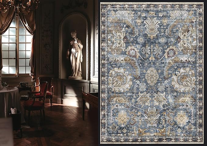 RUGSURE Washable Area Rugs - Perfect for Living Room, Bedroom, Kids Room, Nursery - Stain & Water Resistant Non-Slip, Pet & Child Friendly, Vintage Tribal Area Rugs (Navy, 3' x 5 ')