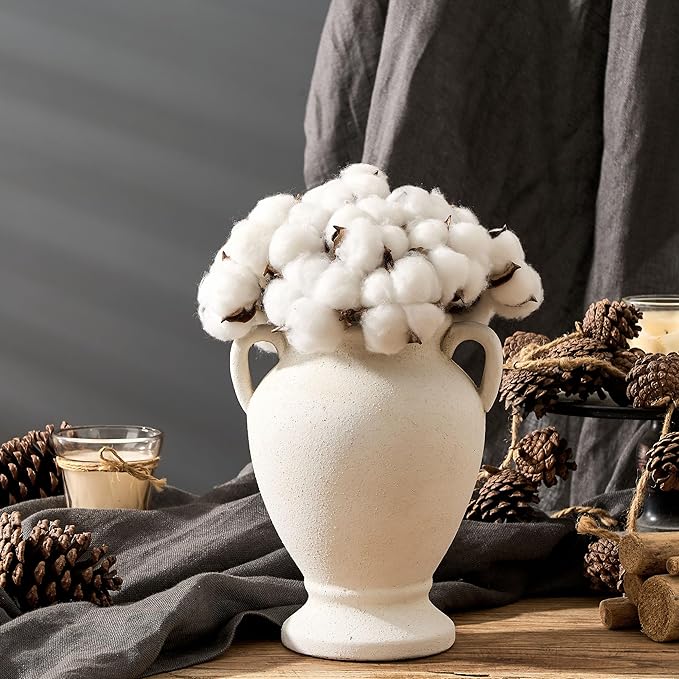 Ceramic Rustic Flower Vase with Handles, 8.46 Inch Tall Vintage Pottery Home Decor, Farmhouse Terracotta Vase for Living Room, Table, Shelf, Mantel Decoration, Farmhouse- White