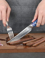 Steak Knives Set of 4, Ultra Sharp Non Serrated Kitchen Steak Knife 5 Inch - Damascus Steel & Resin Handle - Xuan Series (Sapphire Blue)