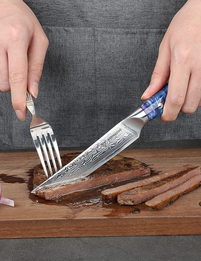 Steak Knives Set of 4, Ultra Sharp Non Serrated Kitchen Steak Knife 5 Inch - Damascus Steel & Resin Handle - Xuan Series (Sapphire Blue)