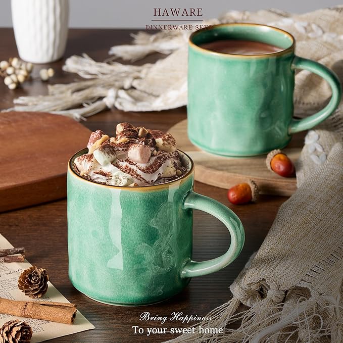 HaWare 14OZ Coffee Mugs Set of 4, Stoneware Coffee Cups with Handle, Latte Mug for Man, Woman, Dad, Mom, Modern Tea Mugs for Latte/Cappuccino/Cocoa/Milk, Dishwasher& Microwave Safe, Reactive Green