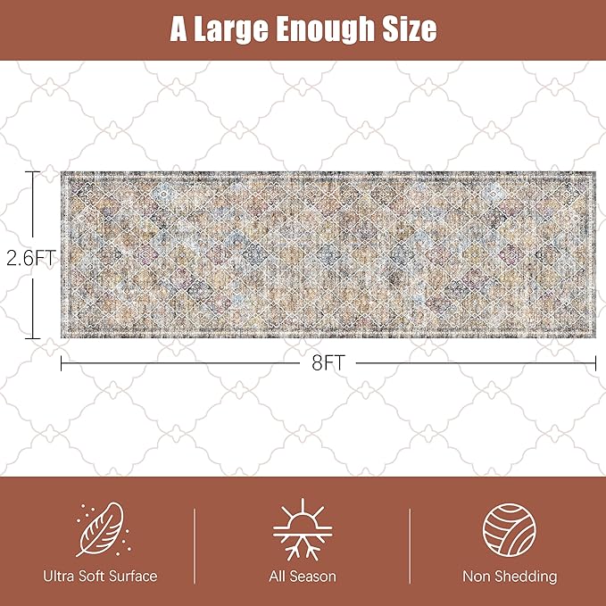 2'6'' x 8' Washable Area Rug - Low Pile Soft Vintage Indoor Rug for Living, Dining or Bedroom - Lightweight Carpet with Non-Slip Backing - Foldable for Easy Placement, Multi