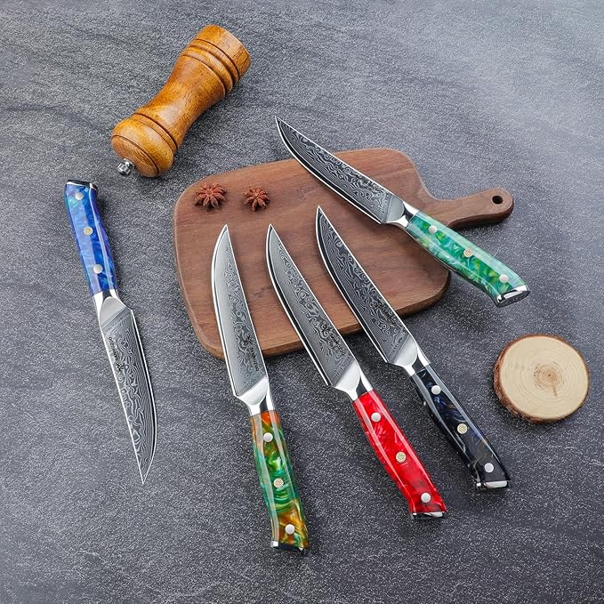 Steak Knives Set of 4, Ultra Sharp Non Serrated Kitchen Steak Knife 5 Inch - Damascus Steel & Resin Handle - Xuan Series(Fantasy Orange)