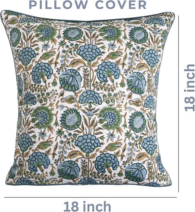 Ridhi Asparagus Green Print Cotton Throw Pillow Covers for Decorative Couch Pillows for Living Room, Chic Boho Cute Outdoor Thanksgiving Pillows Covers Gifts 18x18 Inches