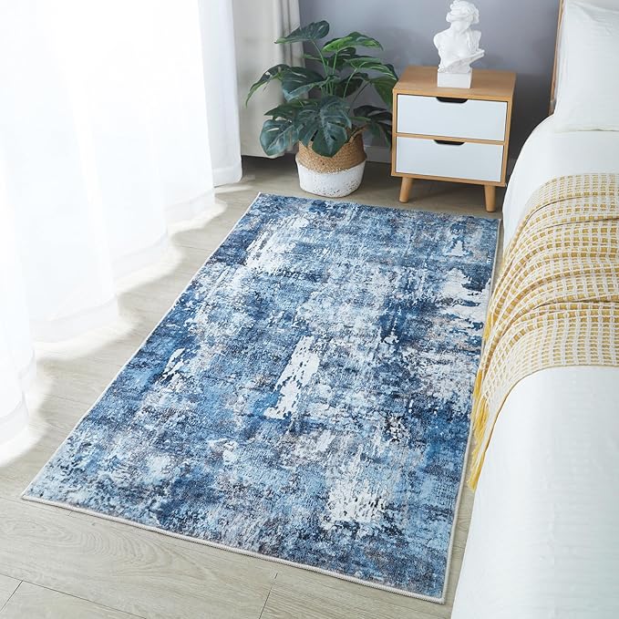 Rugcomf 3x5 Rug Washable Boho Rug Soft Area Rug Abstract Pattern Non-Slip Non-Shedding Faux Wool Vintage Rug for Bedside, Bedroom Rug, Kitchen, Floor, Indoor, Laundry, Blue