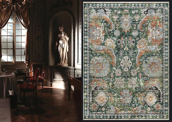 RUGSURE Washable Area Rugs - Perfect for Living Room, Bedroom, Kids Room, Nursery - Stain & Water Resistant Non-Slip, Pet & Child Friendly, Vintage Tribal Area Rugs (Green, 6' x 9')