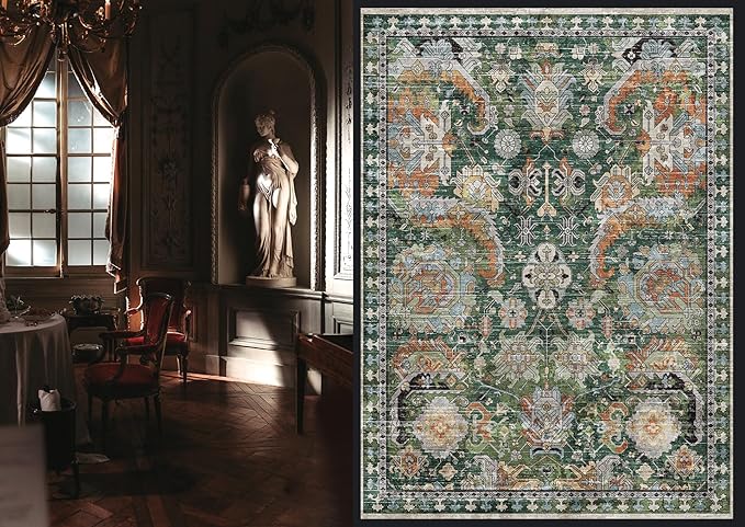 RUGSURE Washable Area Rugs - Perfect for Living Room, Bedroom, Kids Room, Nursery - Stain & Water Resistant Non-Slip, Pet & Child Friendly, Vintage Tribal Area Rugs (Green, 3' x 5 ')