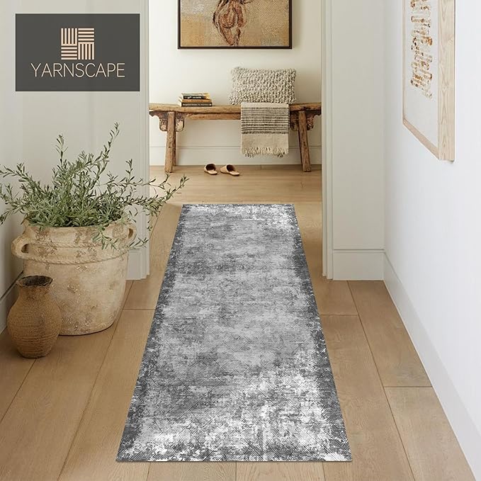2'6'' x 8' Washable Area Rug - Low Pile Soft Vintage Indoor Rug for Living, Dining or Bedroom - Lightweight Carpet with Non-Slip Backing - Foldable for Easy Placement, Grey