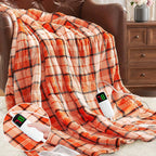 Heated Electric Blanket Full Size,72X84 Heating Blanket,Orange Plaid Soft Sherpa Blankets Warmer Gift for Grandma Women Adult,Fast Heating Washable,ETL