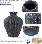 Black Ceramic Vase 7.95 Inch – Handmade with Hand-Painted Gold Detailing – Sculptural Art Decor for Modern Minimalist Home – Organic Tabletop Flower Vase for Living Room or Shelf