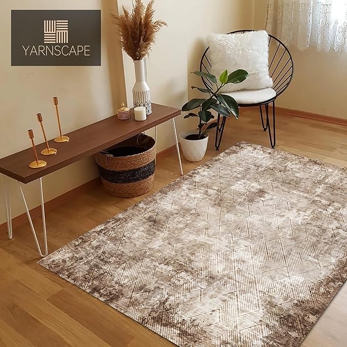 3' x 5 ' Washable Area Rug - Low Pile Soft Vintage Indoor Rug for Living, Dining or Bedroom - Lightweight Carpet with Non-Slip Backing - Foldable for Easy Placement, Brown
