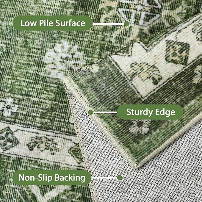 GENIMO Washable Rug 6X9 Area Rugs for Living Room Bedroom, Machine Washable Area Rug, Print Vintage Tribal Aesthetic Carpet, Low Pile Mat with Non Slip Rubber Backing, Distressed Green