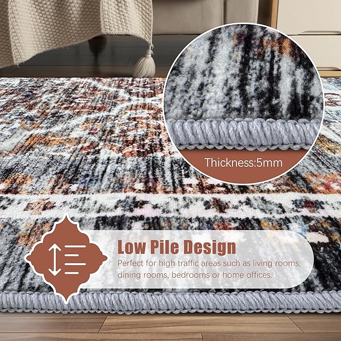 3' x 5 ' Washable Area Rug - Low Pile Soft Vintage Indoor Rug for Living, Dining or Bedroom - Lightweight Carpet with Non-Slip Backing - Foldable for Easy Placement, Multi