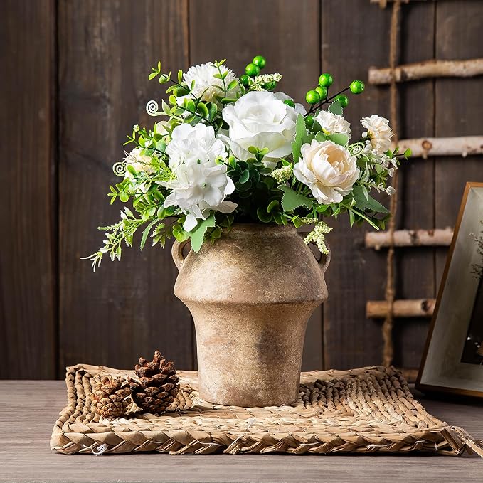 Ceramic Flower Vases, Terracotta Vase, 7 Inch Vintage Porcelain Vases for Home Decor, Decorative Farmhouse Vase with hadle for Home Decor, Living Room, Shelf Decor, Farmhouse, Table, Lyeec