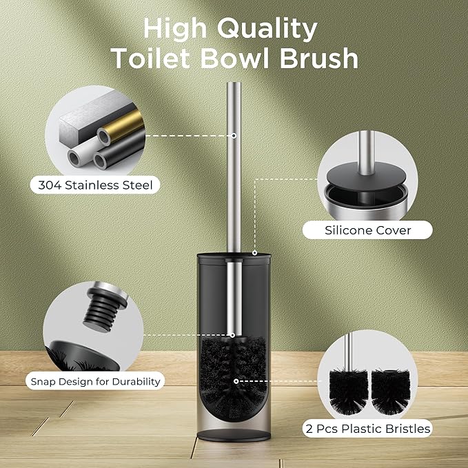 Toilet Brush and Holder Set, Toilet Bowl Brush with Heavy Duty 304 Stainless Steel Base and Extra Long Handle, Toilet Bowl Cleaners Brush for Bathroom (Stainless Steel)