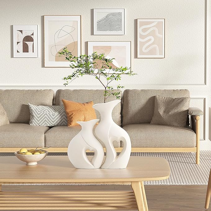 XL Pearl White Vases for Decor,Nordic Heart Shaped Ceramic Vase Set of 2,Modern Vase for Table Centerpiece Dining Living Room Office Coffee Table Wedding House Decoration