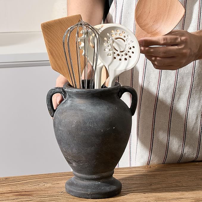 Ceramic Rustic Flower Vase with Handles, 8.36 Inch Tall Vintage Pottery Home Decor, Farmhouse Terracotta Vase for Living Room, Table, Shelf, Mantel Decoration, Farmhouse- Black