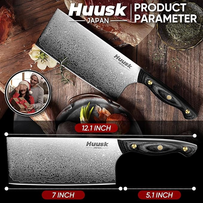 Huusk Damascus Cleaver Knife 7 inch, VG10 Butcher Knives for Meat Cutting, Kitchen Knives with Wood Handle for Chopper Vegetables, Hand Forged Chooping Knives, Birthday Dad Mom Gift