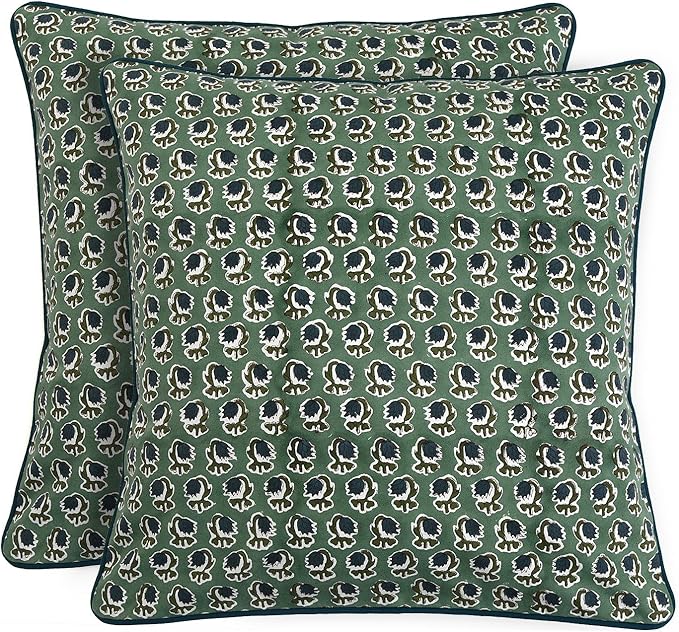 Ridhi Basil Green Block Print Cotton Canvas Throw Pillow Covers for Decorative Couch Pillows for Living Room, Chic Boho Cute Outdoor Valentine Pillows Covers Gifts 16x16 Inches