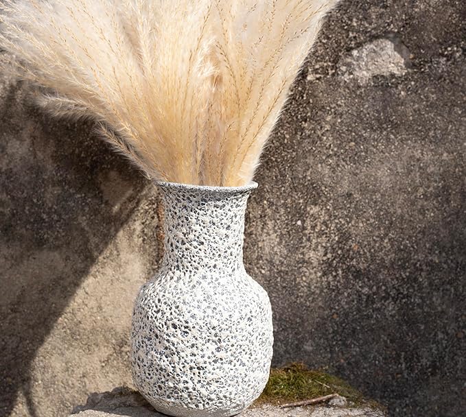 Rustic Pottery Ceramic Vase - Vintage Farmhouse Style Decor, White Grid Ceramic Vases for Home Decor, Modern Farmhouse Decor (White)