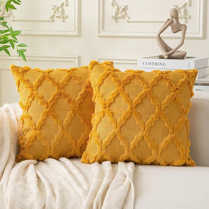 Set of 2 Soft Moroccan Throw Pillow Covers 18x18 Inch Plush Boho Decorative Pillow Cover Accent Cushion Case for Couch Sofa Bed, Mustard Yellow