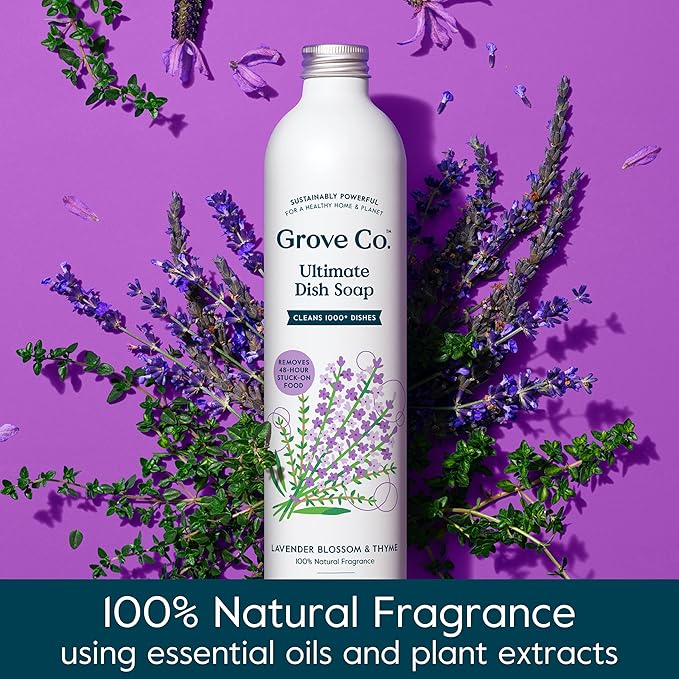 Grove Co. Ultimate Dish Soap Refills (3 x 16 Fl Oz) + Refillable Glass Dish Soap Dispenser for Kitchen Sink with Non-Slip Silicone Sleeve, Plastic Free Cleaning Products, Lavender Blossom & Thyme