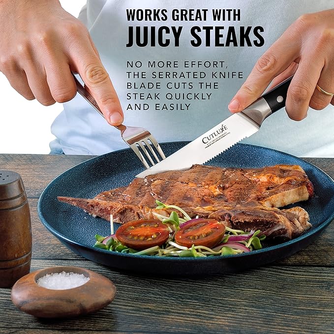 Cutluxe Steak Knives Set of 6, Serrated Steak Knives – Forged High Carbon German Steel, Full Tang, Ergonomic Handle Design – Artisan Series