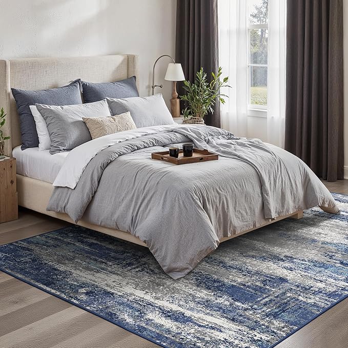 GENIMO 5x7 Area Rugs-Washable Area Rug Lightweight Low Pile, Non Slip Indoor Printed Modern Rug, Soft Pet Friendly Carpet for Living Room, Bedroom, Playroom, Blue Ivory